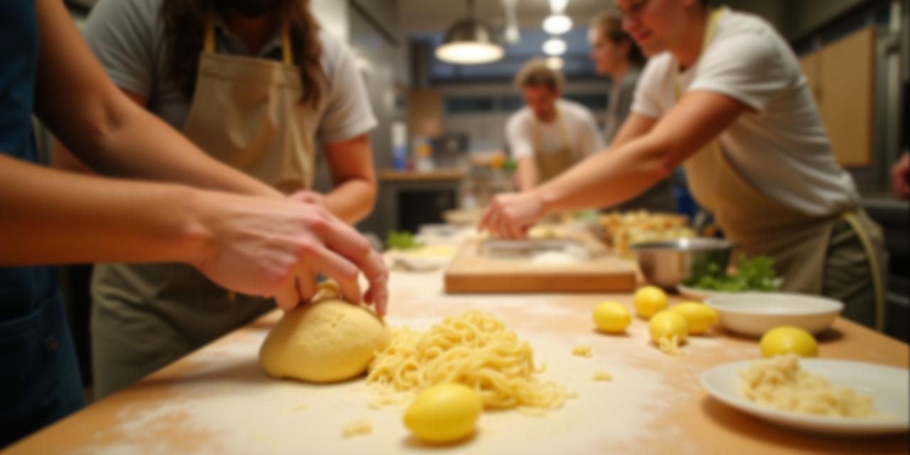 Partecipanti a un corso di cucina mentre preparano pasta fresca